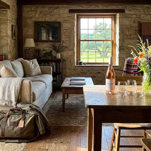 Sunny rock farmhouse living area with wine and wildflowers set out, ideal for a bachelorette party Georgetown weekend
