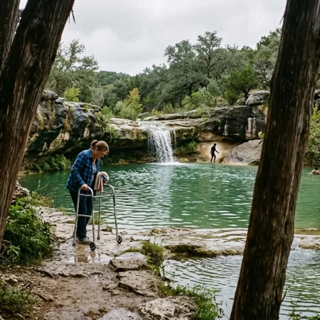 Limestone swimming hole with a small waterfall, one of the best swimming holes near Georgetown, TX