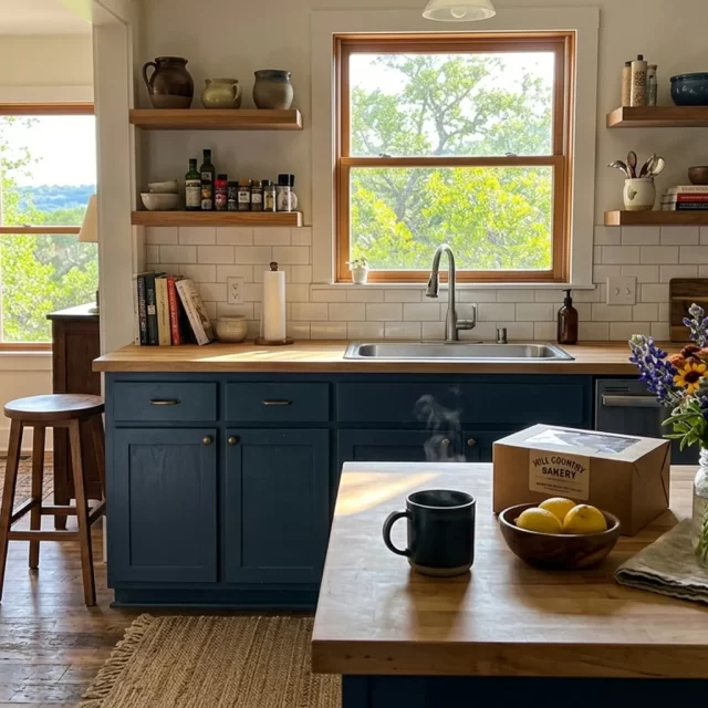 Sunlit Georgetown TX vacation rental kitchen with coffee and fresh flowers, a cozy base for dining Georgetown TX spots