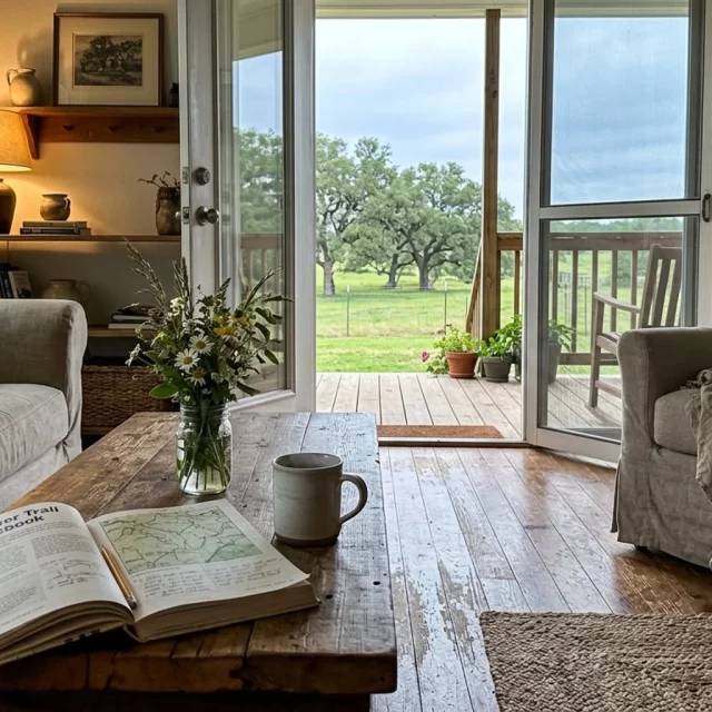 Sunny farmhouse living room with coffee and guidebook, a cozy home base for a family vacation Georgetown TX stay