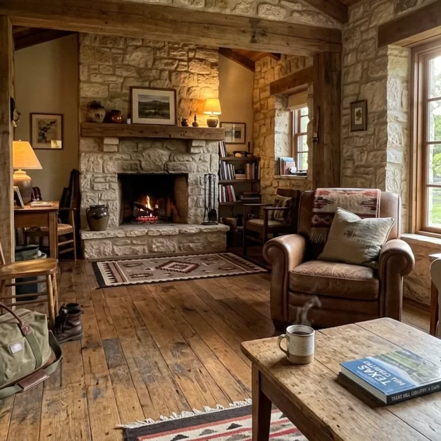 Cozy stone-walled rental living room with fireplace and morning light, a restful base for a farm animal experience in Georgetown