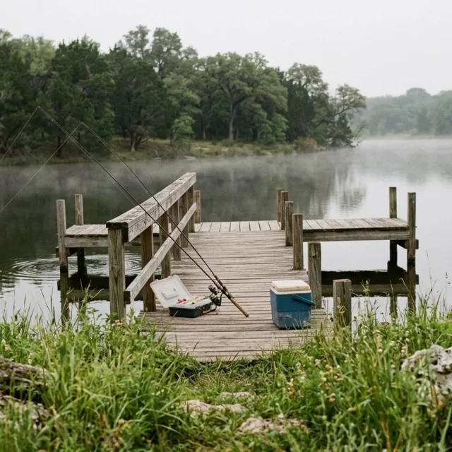 Wooden fishing dock on a misty Central Texas lake, one of the fishing spots near Georgetown, TX