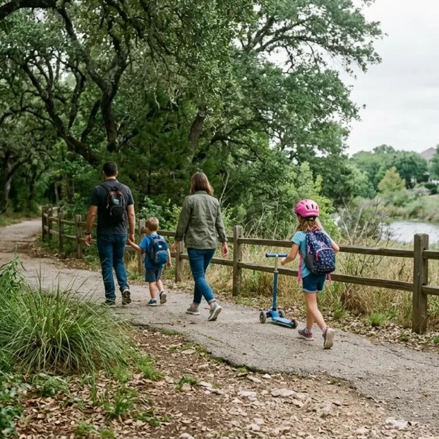 Family walking a shaded trail in one of the Georgetown neighborhoods in Georgetown, TX
