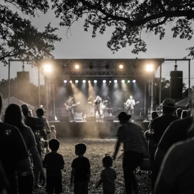 Crowd silhouettes at an evening outdoor concert, a fun stop when visiting Georgetown with kids