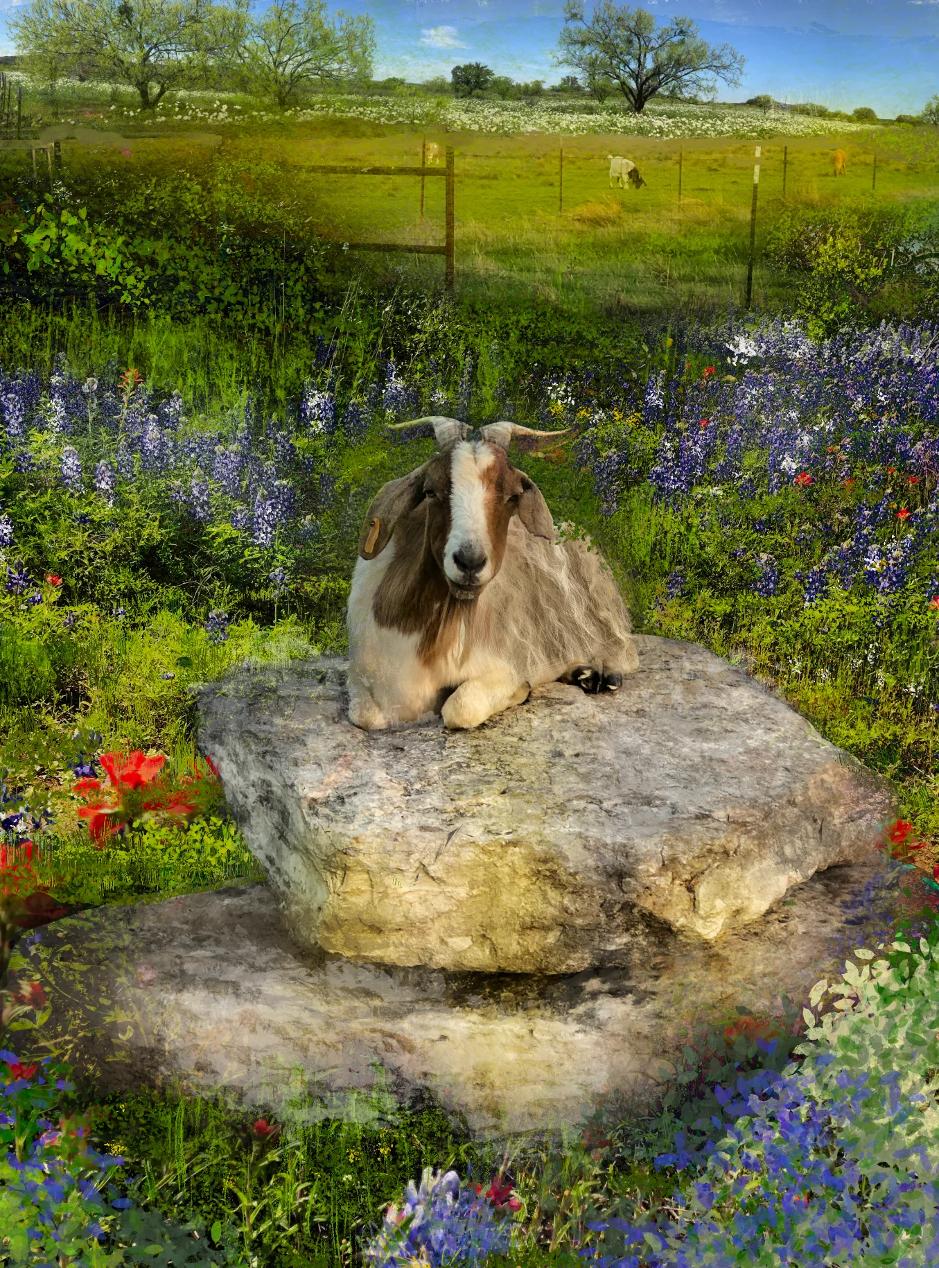 Horned goat on limestone rock among bluebonnets and wildflowers at Scurlock Farms Georgetown TX