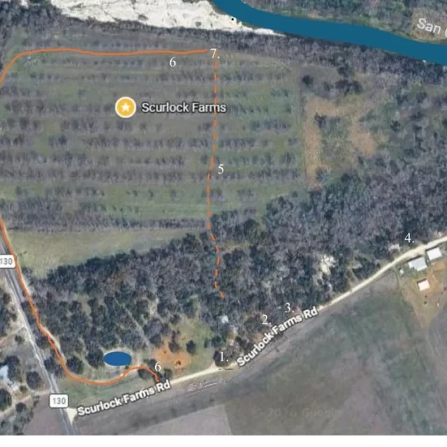 Aerial map view of Scurlock Farms property boundaries, forested land, and road access near Georgetown, TX