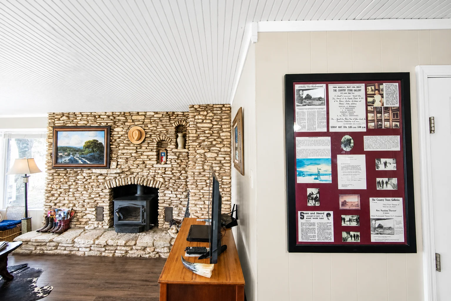 Cozy stone fireplace at farm stay near events Georgetown Texas festival weekend lodging