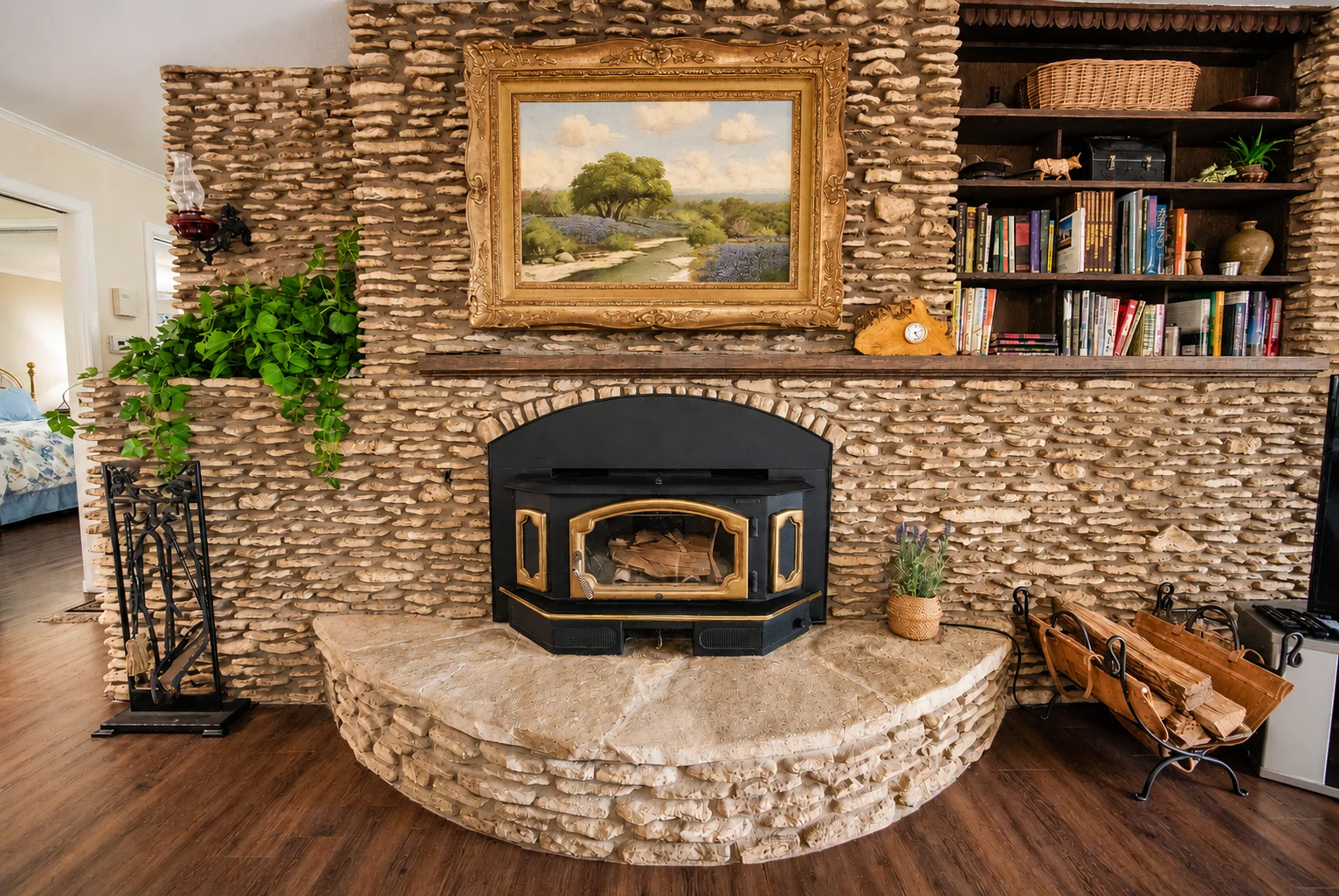 Stone fireplace living room to return to after the best hikes near Georgetown, TX