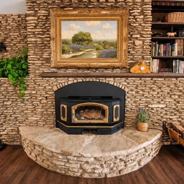 Rustic stone fireplace with wood stove in Georgetown vacation rental living room