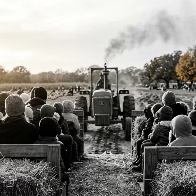 Kids on a hay wagon during tractor rides in Georgetown, TX, seen from behind at a fall farm festival
