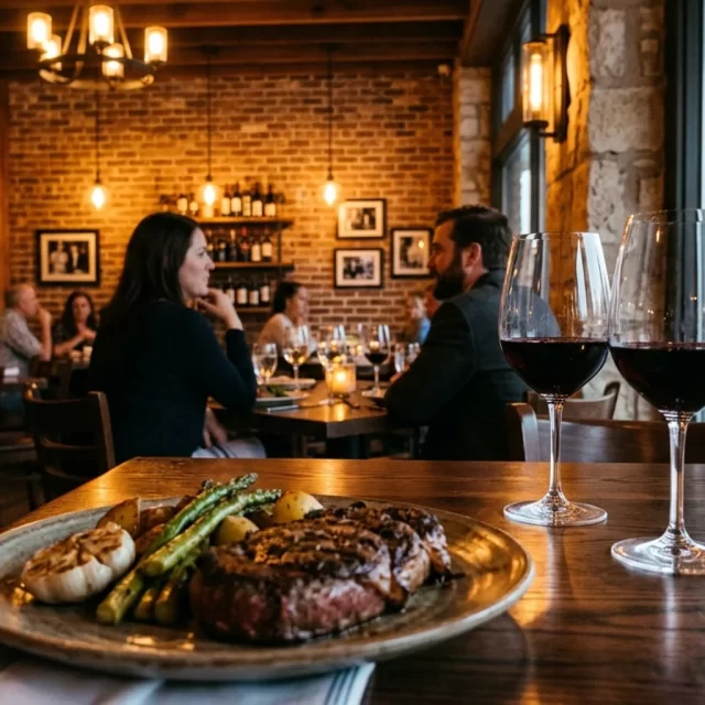 Downtown restaurant table with steak dinner and wine, showing where to eat dinner in Georgetown, TX